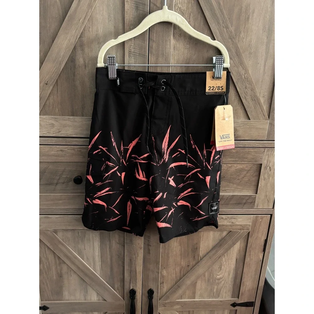 Vans Boys Board Shorts Black Pink Tropical Leaf Swim Trunks Size 22 8S NWT